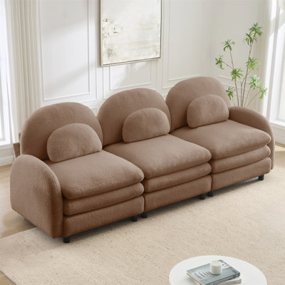 Canapé Teddy en tissu doux à 3 places, dossier incurvé et accoudoirs avec coussins lombaires incurvés, canapé modulaire à 3 places avec coussin de soutien