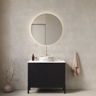 Meuble-lavabo de salle de bain 30 po avec lavabo, meuble-lavabo autoportant avec 2 portes TURIO, lavabo rond en céramique blanc avec motif en pierre et comptoir blanc de Carrare, sans robinet, couleur noire
