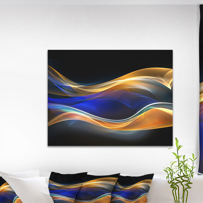 Abstrait «3D Gold Blue Wave Design», impression, H 12 po x l 20 po x P 1 po, Toile avec cadre flottant