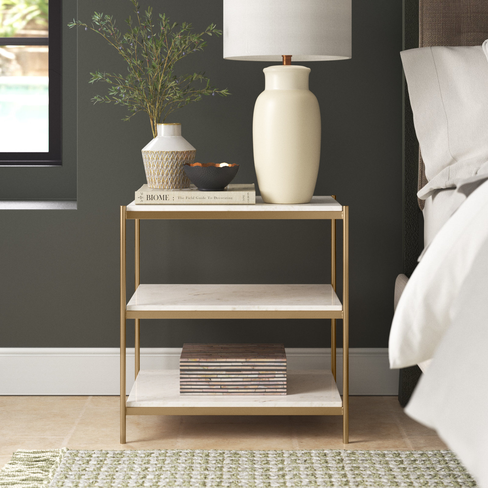 Castino Nightstand, Antique Brass/White