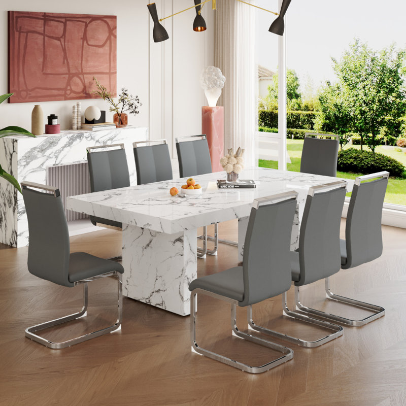 Ensemble de table de salle à manger en marbre pour 8 personnes, Gris, 9 pièces : table, 8 chaises
