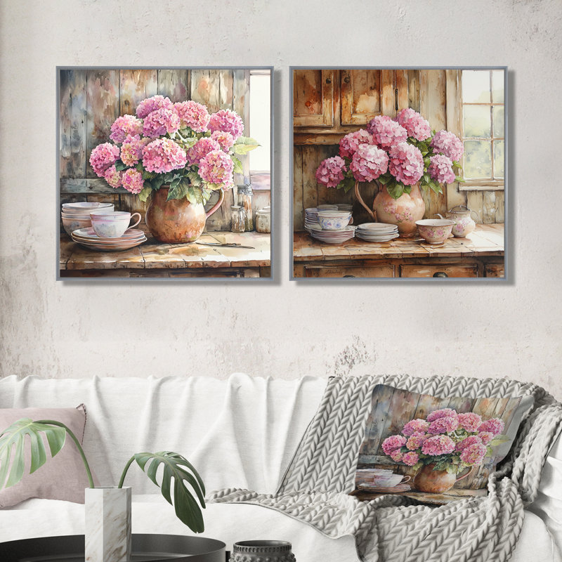 Hydrangeas In The Farm Kitchen I - Hydrangea Wall Art - ensemble d'art mural traditionnel 2 pièces, H 16 po x l 33 po