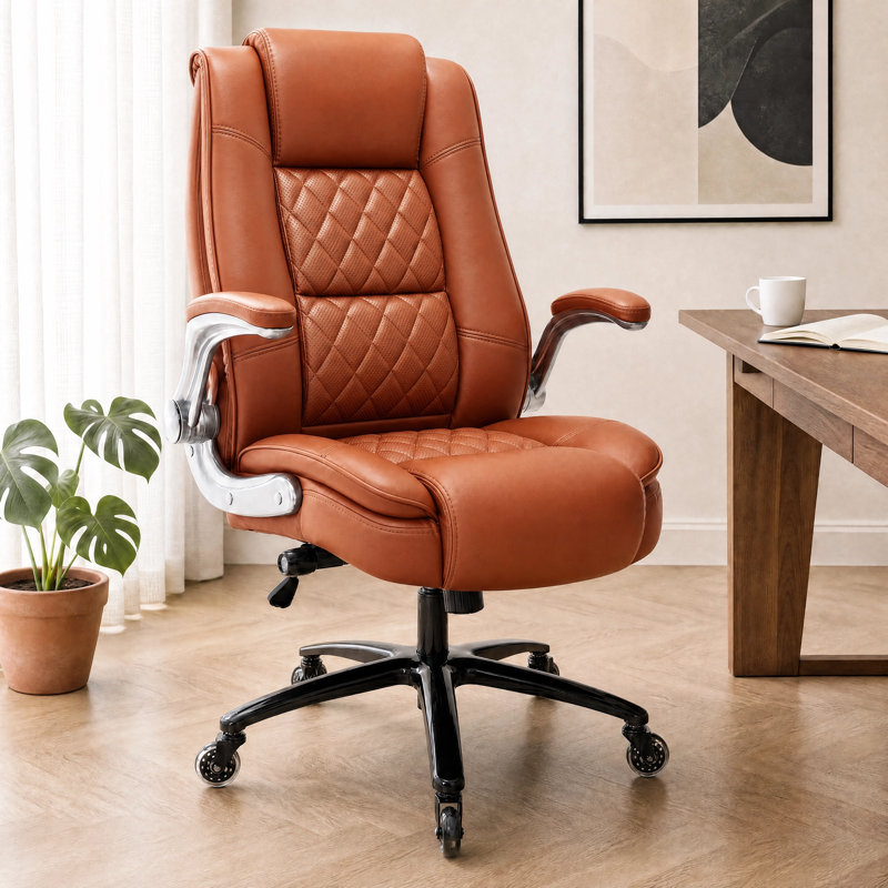 Modern Leather Executive Office Chair With Flip-Up Armrests And Adjustable Lumbar Support, Gold Brown
