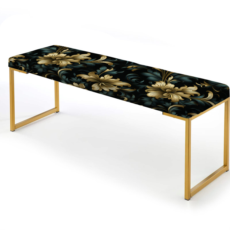 Gold And Green Luxury Damask Pattern II - Ikat Upholstered Gold Bench, Gold/Teal