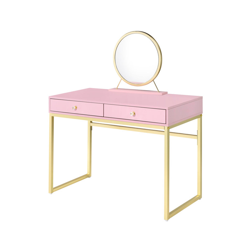 Pink & Gold Vanity Desk With Rectangular Structure, Crystal Handle, Metal Frame, Mirror, Jewelry Tray, 2 Storage Drawers, 2/3 Drawer Extension Finish, Removable Extension, Center Glide, Kd Design,