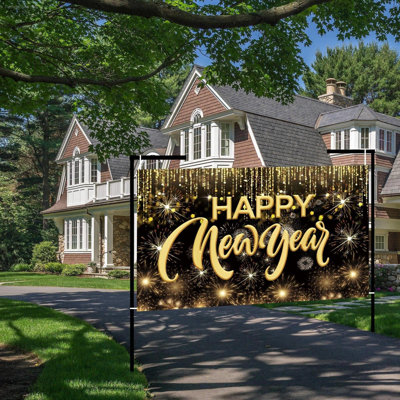 Happy New Year Hanging  Fabric Sign Poster Background Banner With Firework Pattern For New Year Party Decorations