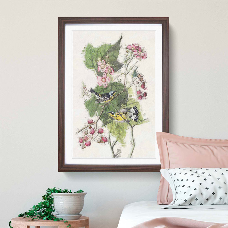 Black & Yellow Warbler Birds by John James Audubon - Picture Frame Painting Print, Walnut Framed, 65cm H x 48cm W x 2cm D