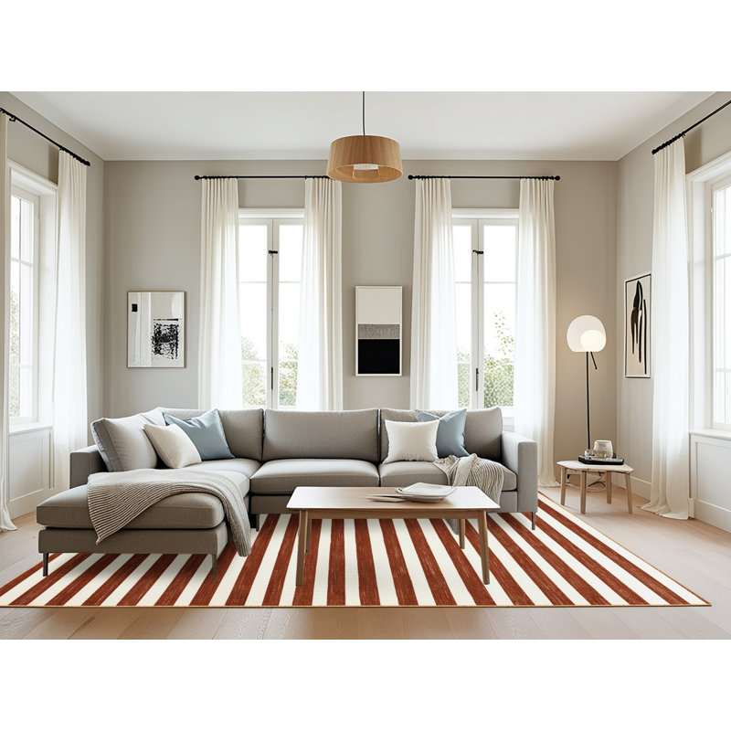 Tapis brun à rayures horizontales lavable à la machine, Rectangle 8 pi x 12 pi