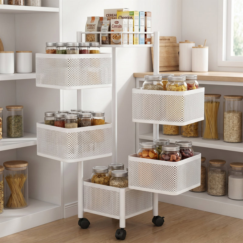 5-Tier Rotating Storage Rack, Metal Multi-Layer Fruit Vegetable Basket, Rolling Kitchen Floor Cart