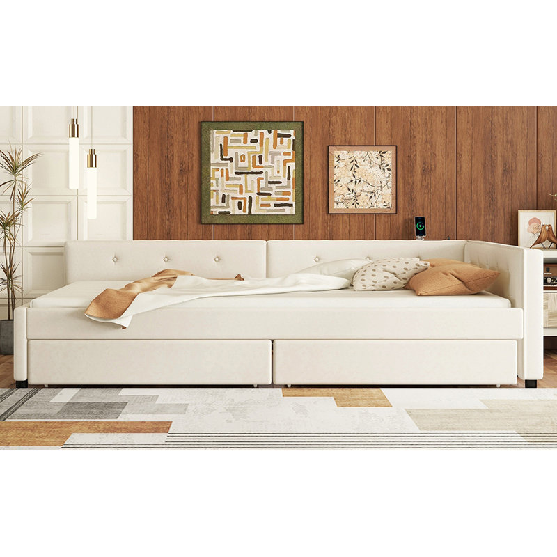 Lit plateforme tapissier double avec USB et 2 tiroirs, beige, Full