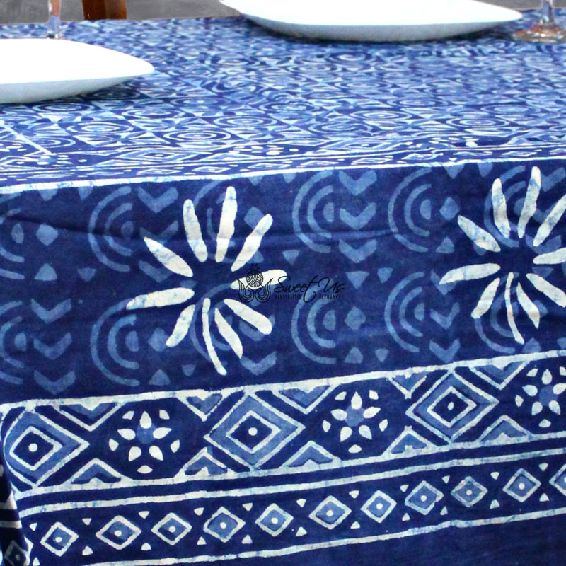 Hand Block Printed Cotton Floral Tablecloth Collection, Indigo Blue, 88" x 108", Twilight Check 