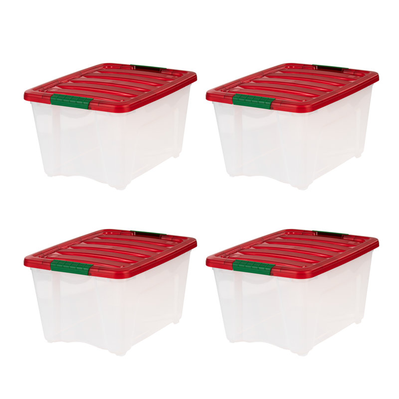 IRIS 32 Qt. Holiday Storage Buckled Clear Box, Clear Body With Red Lid & Elf Green Buckles (4-pack), 32