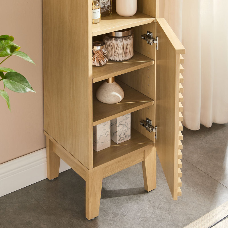 Tall Oak Bathroom Storage Cabinet with Adjustable Shelving
