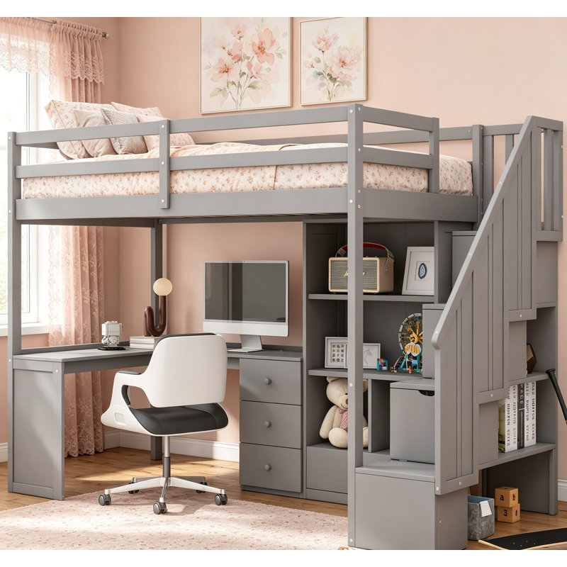 Twin Size Loft Bed With L-Shaped Desk, Drawers, Cabinet, And Storage Staircase , Maximizing Space And Storage, Grey