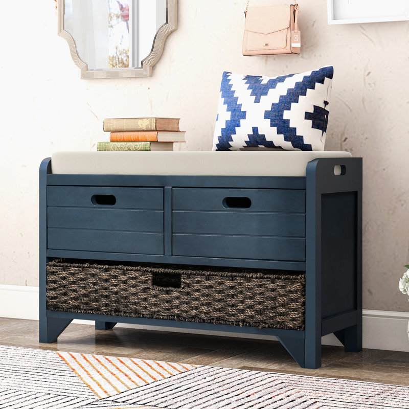 Banc de rangement avec 2 tiroirs bien rangés et bac amovible de couleur marine