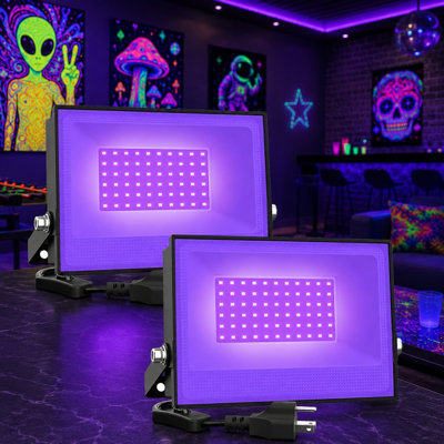 2-Pack 38W LED Blacklight Flood Lamps in Black, IP66 Waterproof with Plug | UV Lighting for Halloween, Glow-in-the-Dark Parties, Stages, Aquariums, Body Paint, Fluorescent Posters and Neon Displays