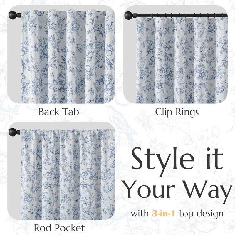 Rideaux occultant avec passe-tringle, L 50 po x L 63 po, Bleu floral