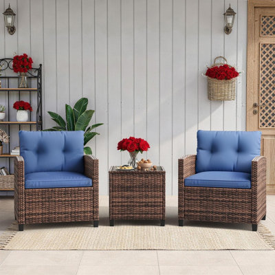 Chaises d'extérieur en osier, ensemble de mobilier de patio 3 pièces, chaises en rotin à haut dossier toutes saisons avec coussin lavable et plateau en verre trempé pour terrasse, balcon et jardin