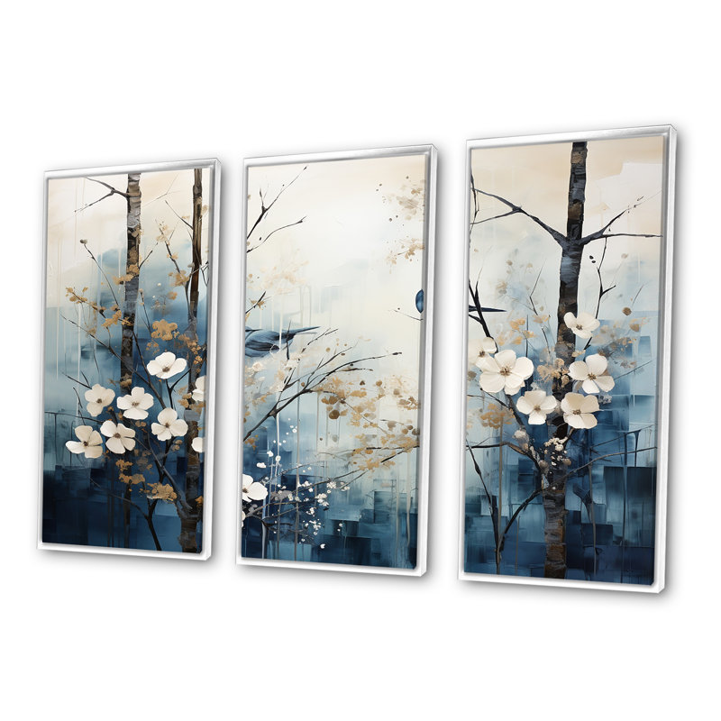 «Blue and White Forest Winter Harmony I», ensemble d'art sur toile, H 32 po x l 48 po x P 1 po, Cadre flottant blanc