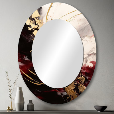 Or et rouge Flusion Fusion I - grand miroir mural ovale sur métal