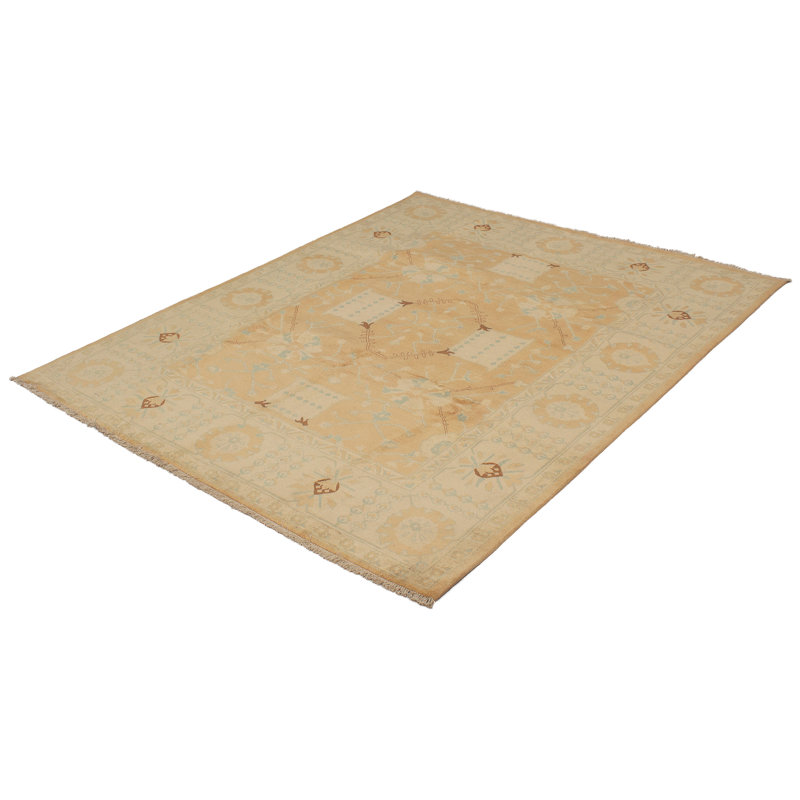 Tapis de bois one-of-kind-noué la 2010 ushak brun/crème/bleu ciel 7 pi 10 po x 10 pi zone de laine 1 po Avner