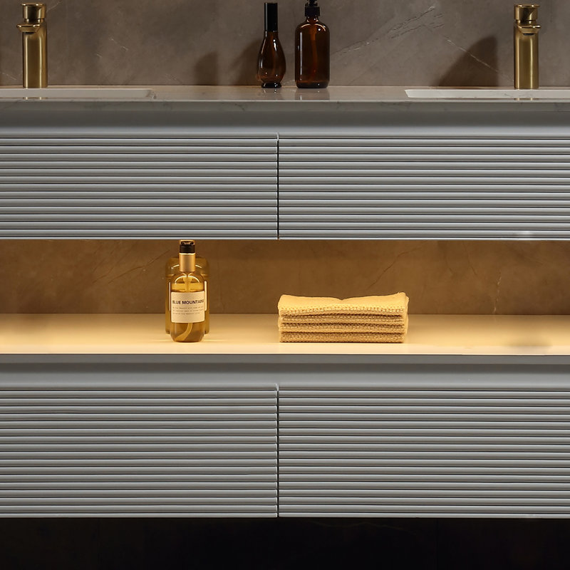 60'' Modern Solid Oak Floating Bathroom Vanity With Artificial Stone Countertop And LED Night Light, White