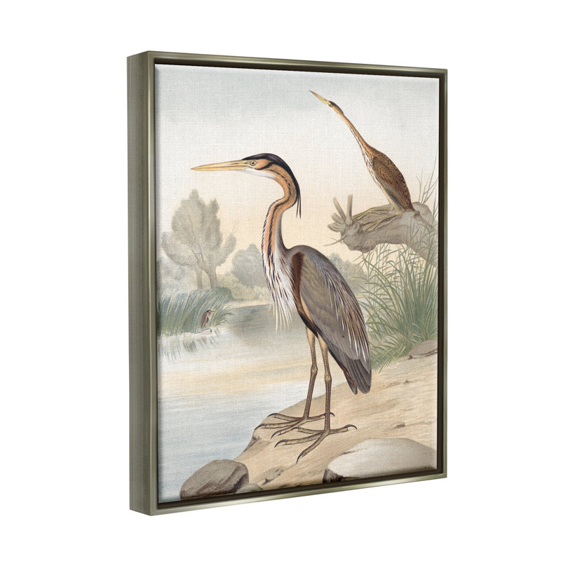 «Wild Heron Birds Perch Scenic Grassy Creek» par Piddi - peinture sur toile tendue, H 21 po x l 17 po x P 1,5 po