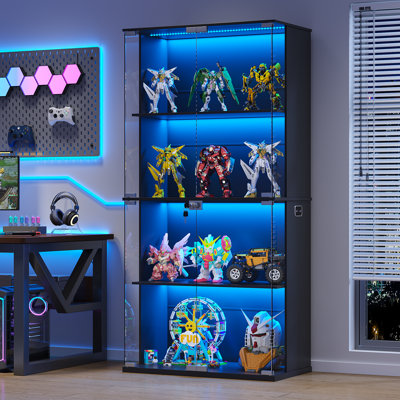Display Cabinet With Glass Doors, 66" Lighted Display Case With 3 Color Lights, 4-tier Bookcase With Human Body Sensor by Wrought Studio