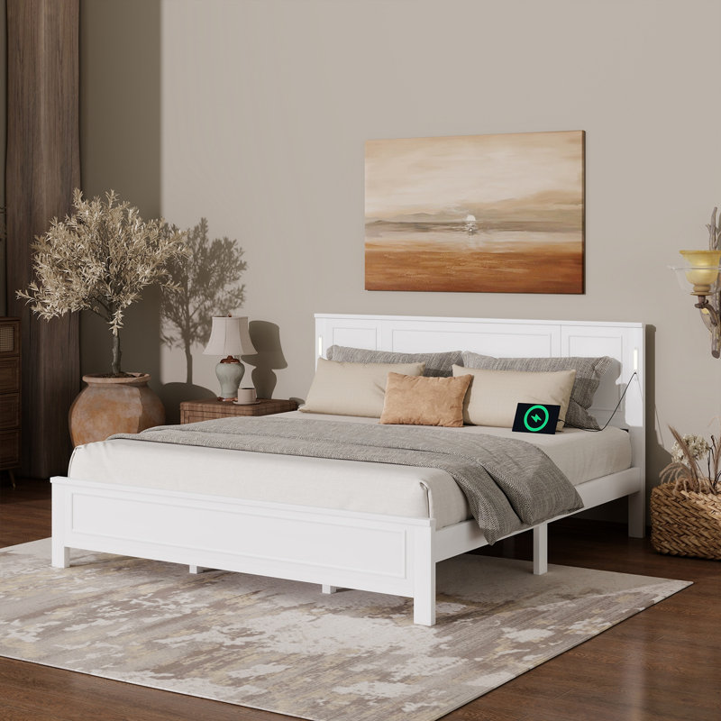 Très grand lit avec lumières DEL intégrées et station de charge USB, Blanc