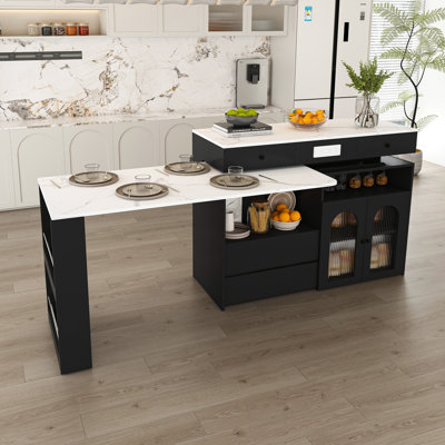 Kitchen Island with Extendable & Rotating Table, MDF with Marble Veneer Retro Design, 4 Drawers & Glass Door Cabinets with Built-in Socket, Expandable Dining Station for 2-4 Person