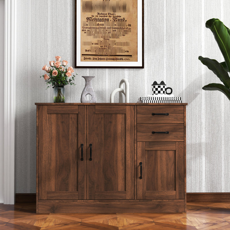 Buffet 43,3 pouces en noyer avec 2 portes, 1 rangement et tiroirs - Commode d'entrée Portes et rangement modernes en bois