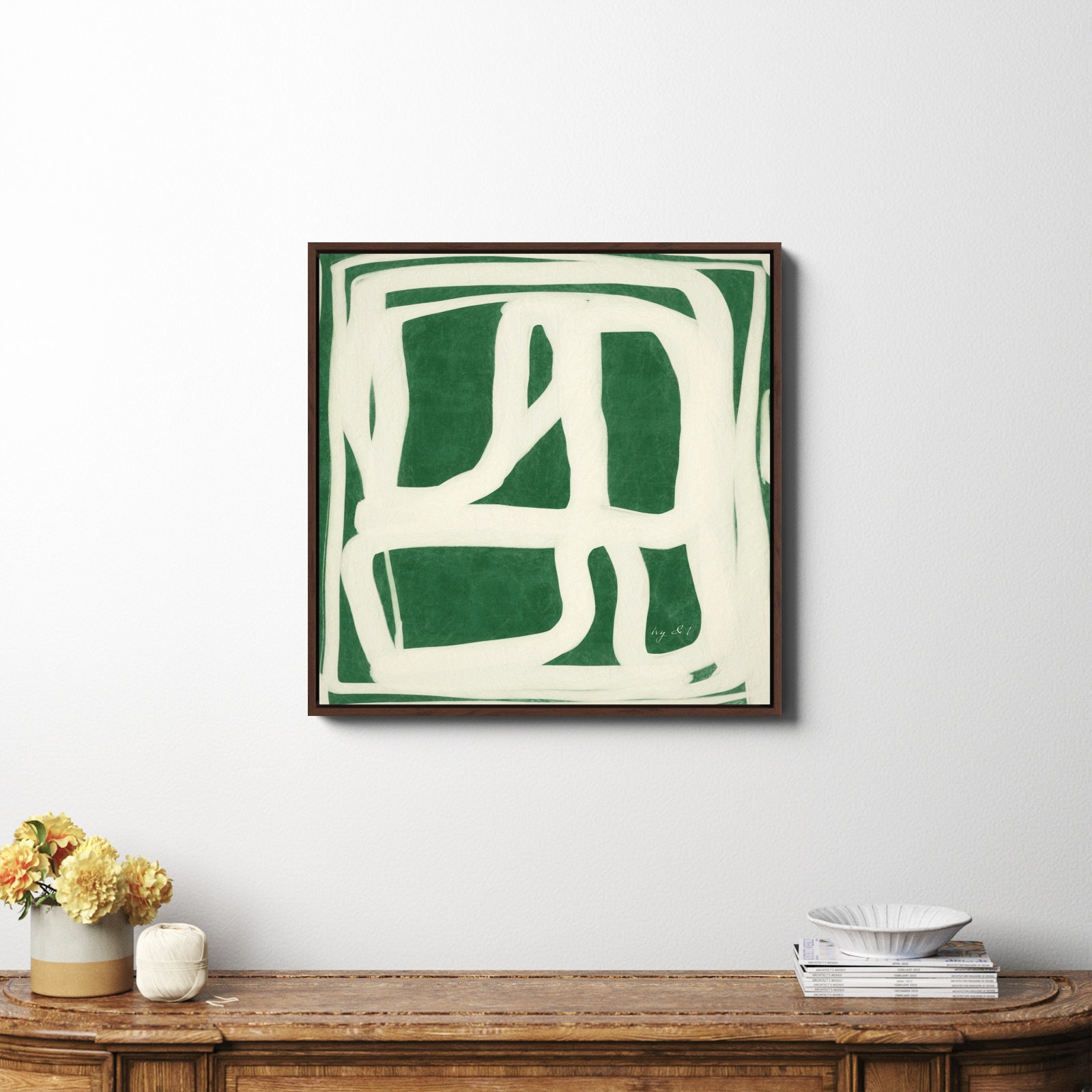 Green White Movement by Ivy&I, No, Espresso Framed Canvas, 30" H x 30" W x 2" D