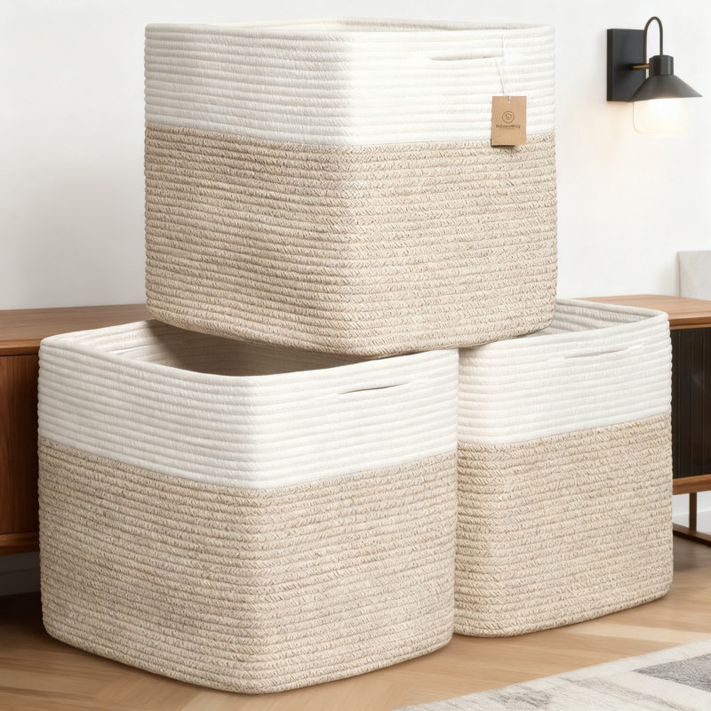 Storage Cube Bins 3-Pack | Woven Cotton Rope Organizer Baskets With Reinforced Handles | Extra Deep Design For Maximized Shelf Storage
