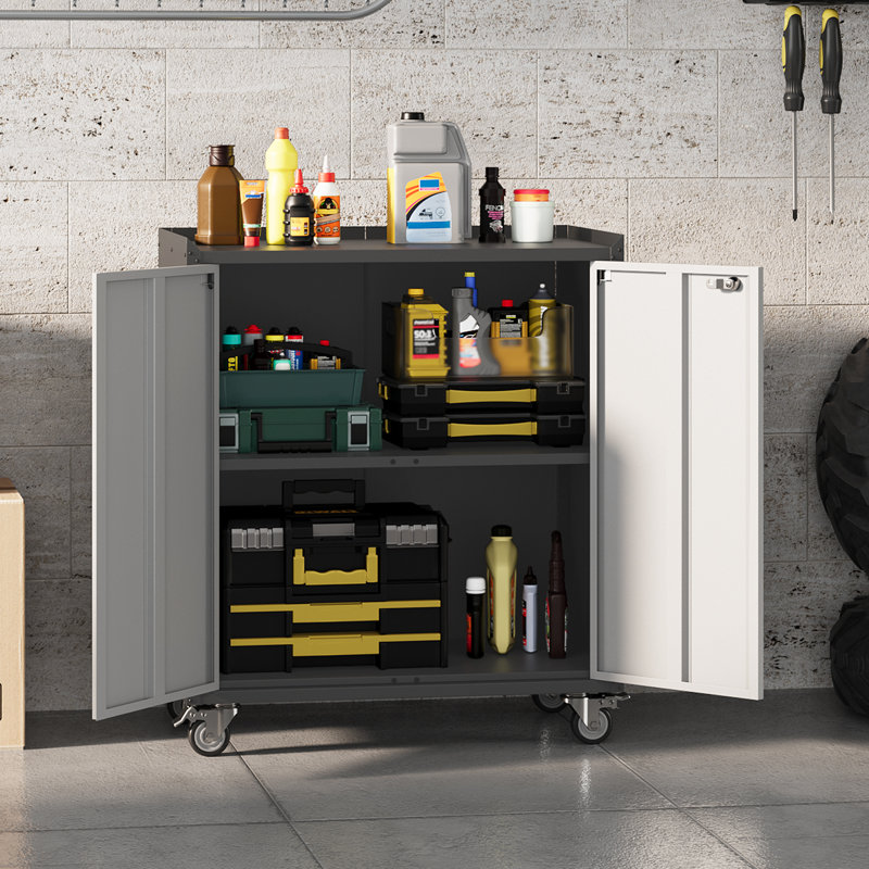Classeur en acier verrouillable avec roulettes, organisateur de rangement en métal à 2 portes avec tablettes réglables, coffre de rangement pour bureau et garage, gris
