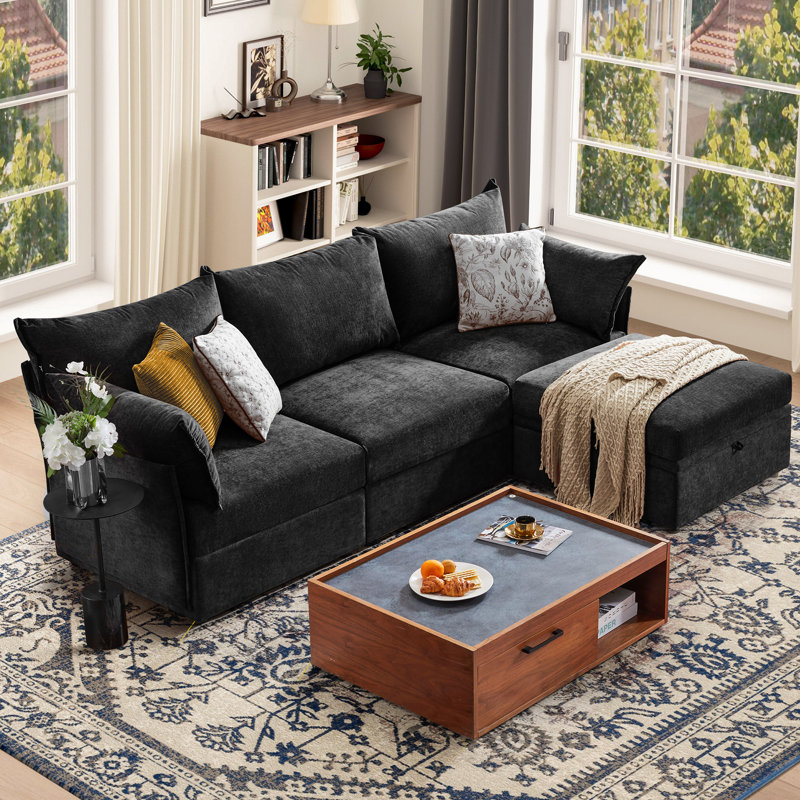 Merchelle 103' Wide Reversible Modern Modular Sectional Sofa With Storage Ottoman -Premium Chenille Fabric, Black Chenille