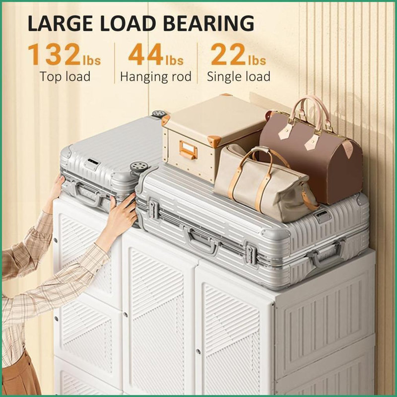 Portable Wardrobe Closet with 11 Cubes, Hanging Rod | Magnet Doors | White ABS