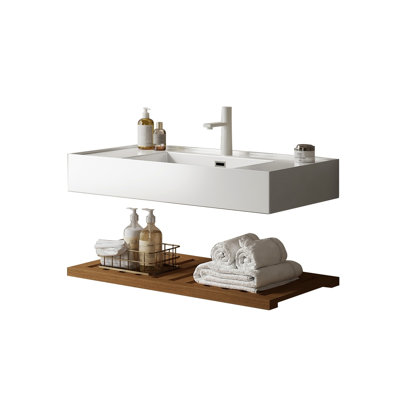 Meuble-lavabo de 36 po - lavabo vasque, lavabo en acrylique blanc, tablettes en noyer foncé, fonction de rangement pratique