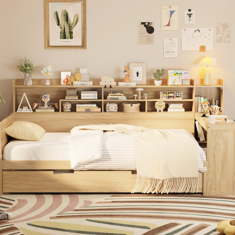Lit de jour en bois naturel avec rangement polyvalent, lit gigogne et bureau pratique avec rangement, table pratique, Naturel