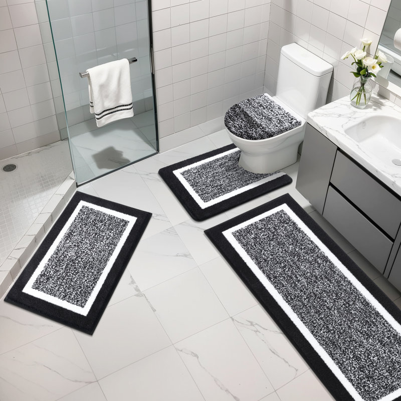 4 Piece Soft Absorbent Microfiber Bath Rug Set with Non-Slip Backing (Set of 4), Black