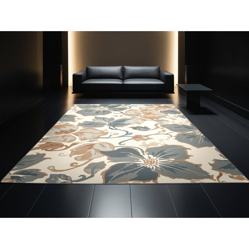 Machine Washable Ortencia Clematis French Country Floral Rug in Brown  Binding, 5x7