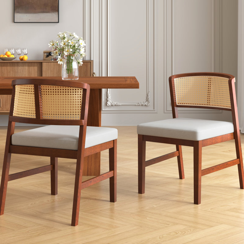 Ensemble de 2 chaises de salle à manger rembourrées en tissu avec dossier en rotin incurvé - Chaises d'appoint sans accoudoirs en bois massif pour la cuisine et la salle à manger