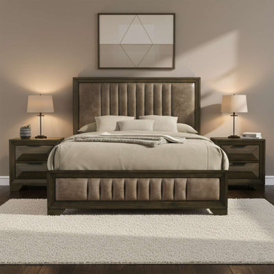 Boudin King Size Bed 3-Piece Bedroom Set with 2 Nightstands in Walnut Finish Solid Wood and Ash