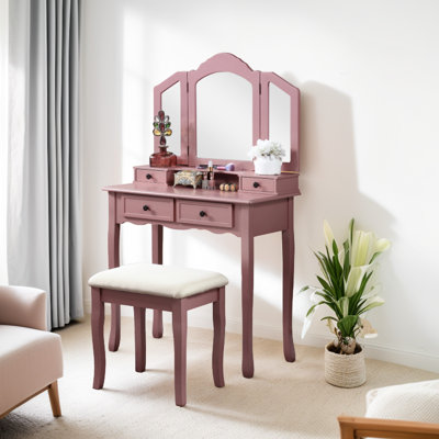 Rose Gold Vanity, Wood Construction With Ample Space For Makeup Tools Wooden 31.5"W X 15.93"D 55.11"H 4 Drawers And Upholstered Stool