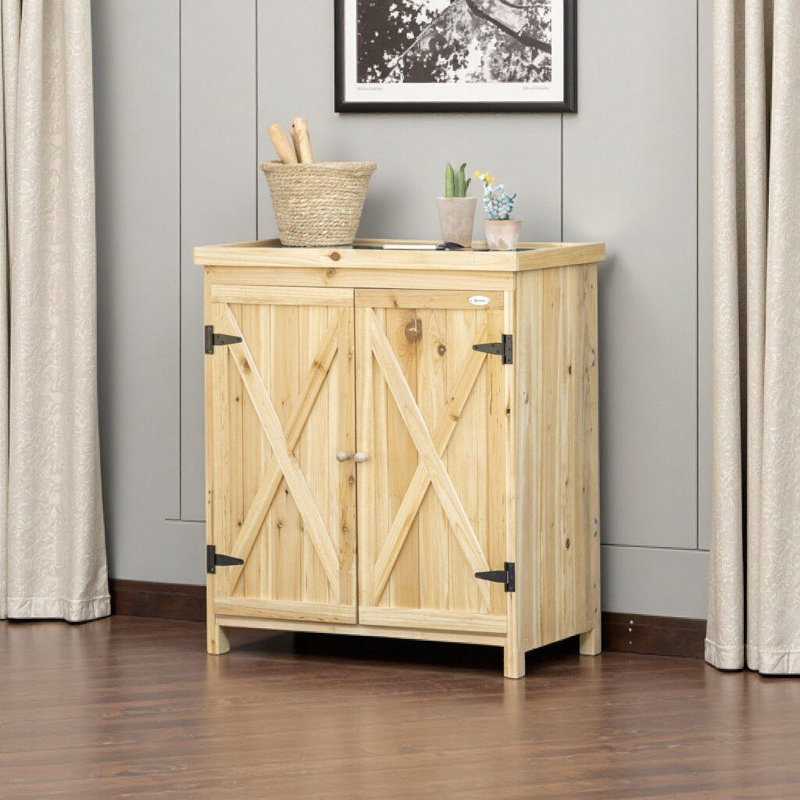 Outsunny Natural Wood Outdoor Storage Cabinet with Galvanized Top, 2 Shelves - Tool Shed for Garden, Yard & Pool (31.5 x 17.8 x 36.3 Inches)