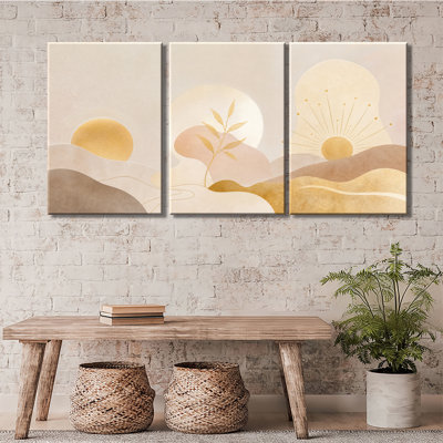 Tableau sur toile abstraite bohème avec soleil, montagne et feuilles, tons neutres, paysage minimaliste
