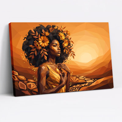 Femme aux cheveux ornés de fleurs dorées, tableau géométrique sur toile au coucher du soleil orange