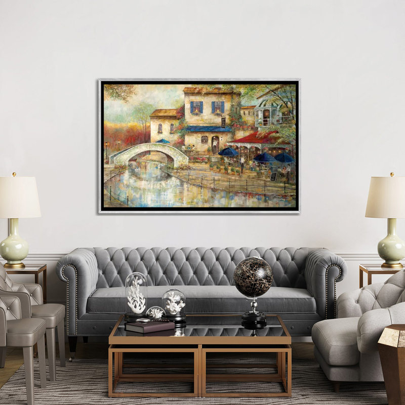 «Arthur's by the Canal» par Ruane Manning - reproduction d'art, H 40 po x l 60 po x 1,5 po, Toile avec cadre argenté