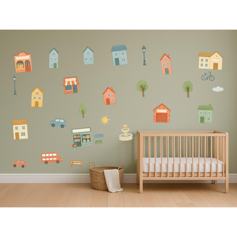 Little Town Wall Decals, Set of 28 Peel and Stick Nursery Wall Stickers, Satin Finish Removable Kids Room Wall Art, 20"W x 20"H (50 x 50 cm)