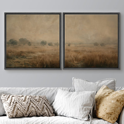 Calm Misty Meadow Trees and Prairie Landscape Neutral Wall Art Framed Master Bedroom Wall Art Work 2 Pieces Print