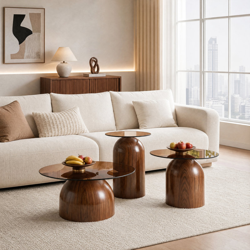 Living Room Table Set, Brown, 3 Pieces: Console Table, Side Table, Coffee Table